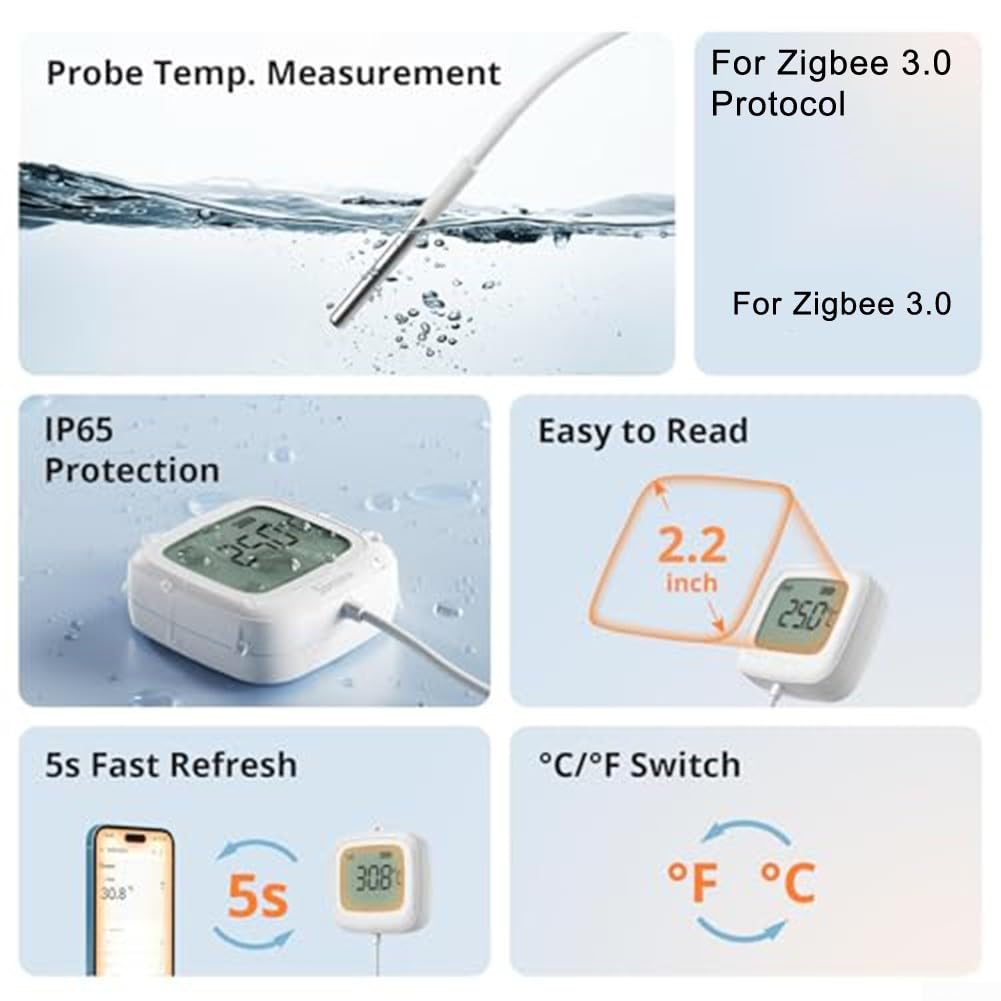 SNZB-02LD - Sensor de temperatura impermeable Zigbee con sonda de 1,5 m, pantalla LCD IP65 para refrigerador, congelador, acuario, -40 °C a 115 °C