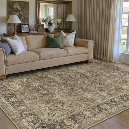 6x9 Washable Brown Vintage Area Rug for Living Room Bedroom Large Traditional Low Pile Soft Carpet Non-Slip Thin Retro Distressed Accent Throw Rug for Dining Room Office Kitchen Indoor