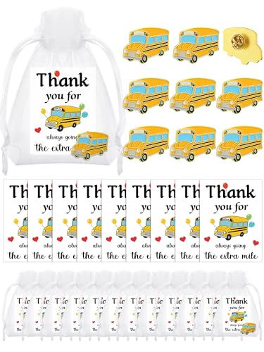 Quelay 12 Pack School Driver Appreciation Gifts Bulk with Card Organza Bags School Bus Pins Souvenir Emblem Bus Badges Button Lapel Pin in Bulk for Driver