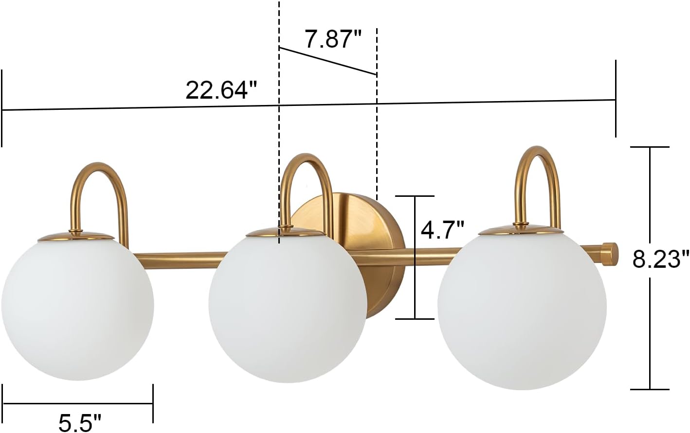 Bathroom Vanity Light, 22.6-Inch Modern Dimmable 3-Light Bathroom Light Fixture Over Mirror, Brass Finish with Frosted Glass Globe Wall Sconce