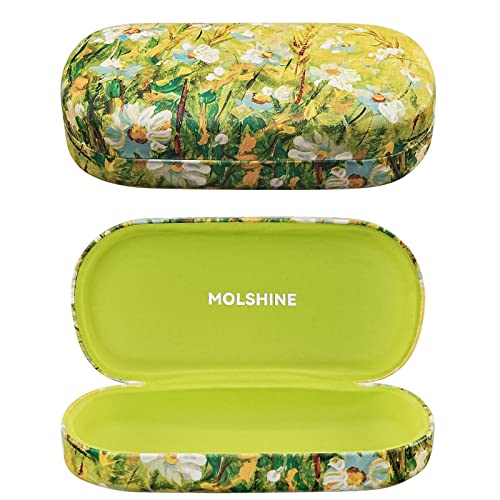 molshine Hard Shell Leather Sunglasses Case,Classic Large Glasses Case for Women Men,Sunglass Eyeglasses (Green Daisy)