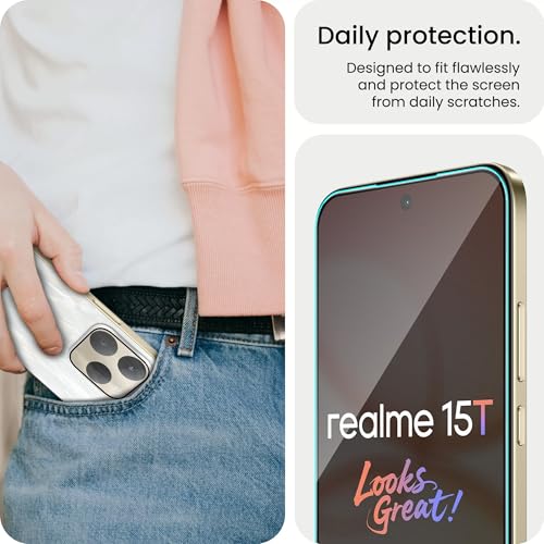 Image of FIRST MART Tempered Glass for Realme 15T 5G with Silver Camera Ring Guard & Installation Kit | HD Clear Edge-to-Edge Screen Protector, Scratch Resistant, Case-Friendly | Pack of 1