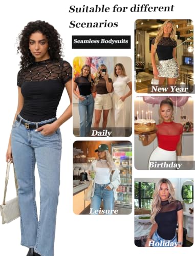 Image of Avidlove Women's Short Sleeve Bodysuit Turtle Neck Body Suits Mesh One Piece Leotard Going Out Tops Date Outfits