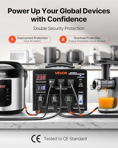 Image of VEVOR Voltage Auto Converter Transformer, 6000VA, Heavy Duty Step Up /Down Power Transformer, 110V to 220V and 220V to 110V, with 3 US Outlets, 3 EU Outlets, LCD Display, Circuit Breaker Protection