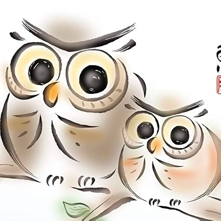 ふくろうの絵 仲良しなフクロウ ・ サイズF6水彩紙 アクリル絵具 ・ 毎日暑い