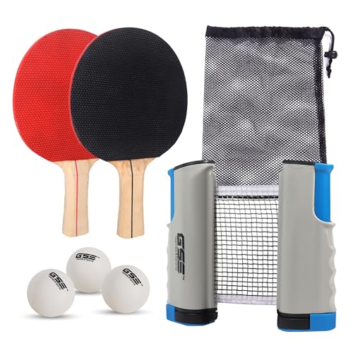 GSE Games & Sports Expert Ping Pong Paddle Set, Portable Table Tennis Set with Grey Retractable Ping Pong Net & Post, 2 Paddles & 3 Balls, Anywhere to-Go Ping Pong Game for Any Tables