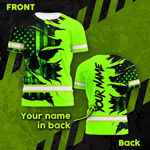 Matedecor Safety Shirt Green Neon Skull Us Flag Scratch 25 Customize Name High Visibility Shirt For Men Hi Vis Shirt Construction Workwear For Runners, Walkers, Trucker, Operator, Patriotic-S #TOP1