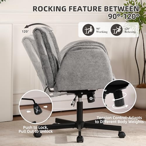 Image of Criss Cross Chair with Wheels & Outward-Folding Arms, Cross Legged Office Chair, Built-in Dynamic Airbag Lumbar Support, Wide Seat Desk Chairs for Home Office, Apartment, Vanity, Gray