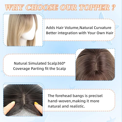 Image of Synthetic Hair Topper with Bangs 18 Inch Layered Toppers for Women with Thinning Hair 5.5 inch x 5 inch hand Tied Forehead Hairline 360 3D Cover Wispy Synthetic Toppers Hair for Women Fiber Wiglets