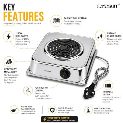 Image of Solid Heavy Body Electric Coil Cooking Stove | Chrome Plated Radiant Hot Plate Cooktop | Push Button Control | Portable Electric Heater & Cooking Plate (Silver)