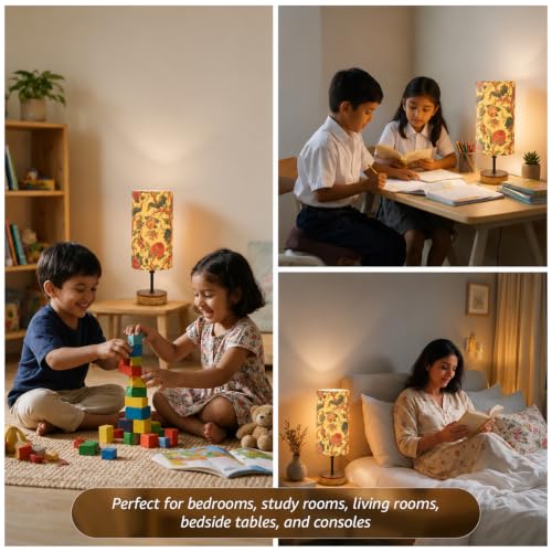 Image of Amazon Basics Bagru Marigold Table Lamp | Hand-Painted Mango Wood Base with Printed Polyester Shade | E14 Holder | Decorative Night Lamp for Bedroom, Living Room & Study Room | Home Decor Gift