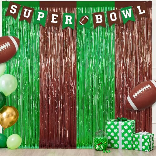 Image of 2 Pack Football Party Decorations, 3.28 FT x 6.58FT Tinsel Backdrop, Green Brown Foil Fringe Curtains Metallic Party Streamer, Football Party Supplies Game Day Decorations 2026 Birthday Party Supplies