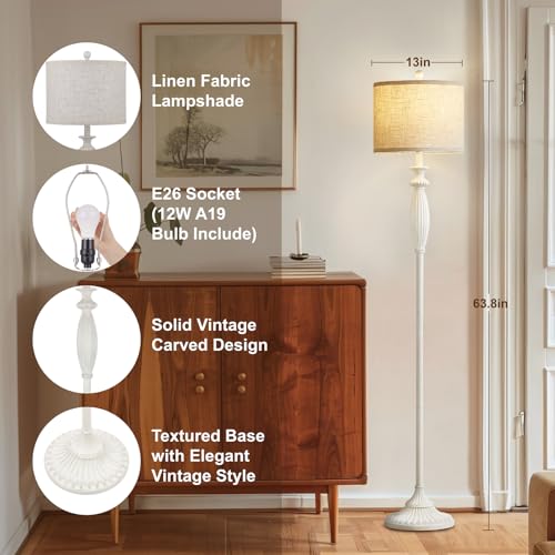 63.8" Vintage Floor Lamp with Rotary Switch, Dimmable Color Temperature Standing Lamp, Retro Farmhouse Floor Lamps for Living Room, Bedroom, Hallway, Office, Room Decor, Antique White (Bulb Included) — view 2