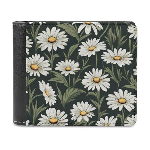 Small Daisy Floral Pattern Soft PU Leather Bifold Wallet, Coin Purse Credit Pass Case, Durable Card-Holder Slim Billfold for Men Woman Money Storage