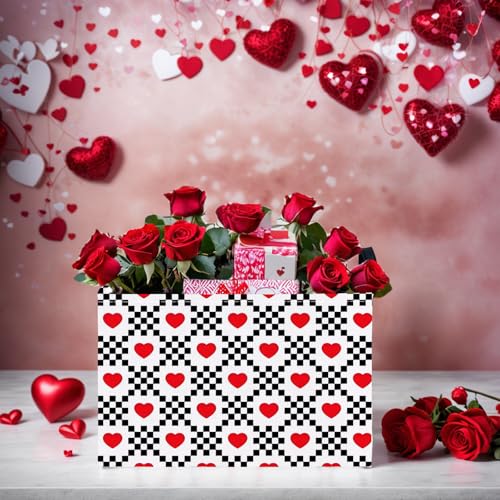 Image of Valentine's Day Basket for Gifts Empty Cute Heart Large Gift Basket Decorative Storage Bin for Kid and Baby Room Decor (Black and White Checkered Heart)