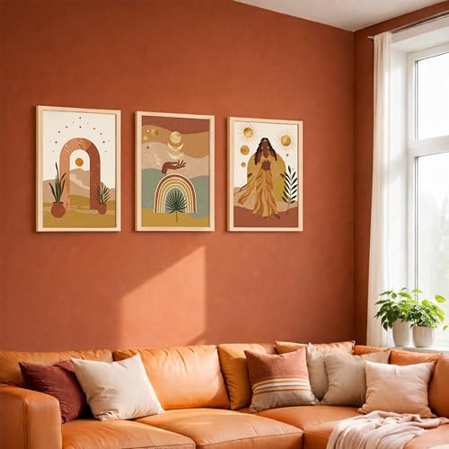 Image of NoWorries Boho Abstract Wall Art Framed Painting Set of 3 | Sun Moon Rainbow Woman Illustration Printswith Frame | Modern Aesthetic Bohemian Wall Decor Frames for Living Room, Bedroom and Office | Neutral Earth Tone Framed Artwork Ready to Hang (Art-3, 13x19inch, Wooden)