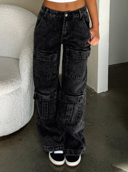 Women's Low Waist Cargo Pants Baggy Jeans Wide Leg Casual Trendy Streetwear Grunge Emo Clothes4