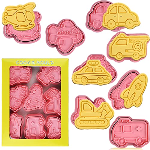Transportation Vehicle Cookie Cutters With Plunger Stamper,8 Piece Transportation Theme Embossing Cutter For Fondant Biscuit Pastry Cheese Baking #TOP7