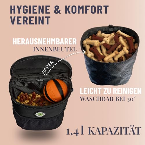 GIZZY® DAS ORIGINAL | Leckerlitasche für Hunde + REGENHAUBE | Leckerlibeutel für Hunde mit praktischer Einhand-Öffnung | Hunde Leckerlitasche für Training & Welpenerziehung | Gassi Tasche Hund [Schw.]