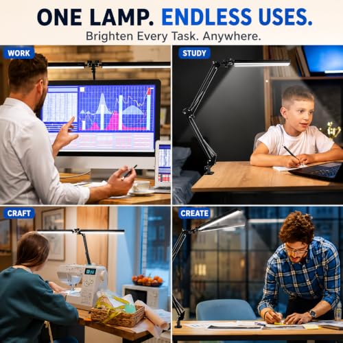 Image of BROLAVIYA Overhead Double Head Led Desk Lamp Light with Metal arm Stand,3 Lighting Modes, Dimmable, with 12V /2A 24W Power with Adaptor for Home Office,Desktop, Bedroom, Reading, Study lamp etc