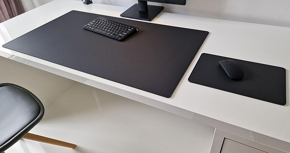 Gewinkelte Schreibtischunterlage mit Kantenschutz + Mousepad Echt Leder Schwarz 90 x 47cm Echt Rindsleder glatt