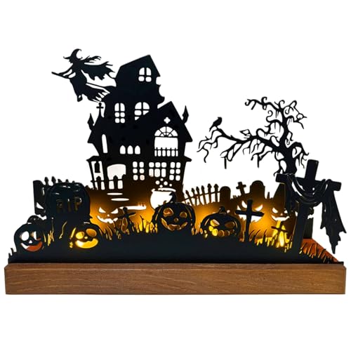 Halloween Deko Kerzenhalter aus Holz & Metall – Gruselige Tischdeko für Wohnzimmer, Party & Kaminsims – Eleganter Kerzenständer für stimmungsvolle Halloween Dekoration (26×8×19 cm)