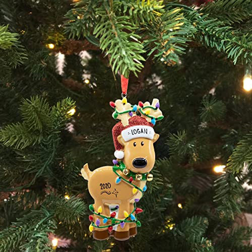 Uniqxmas Personalized Reindeer Christmas Ornament 2023 - Free Handwritten Customization | Santa Hat Deer Figurine Tangled In Lights For Xmas Tree | Unique Keepsake - Custom Name & Year #TOP3