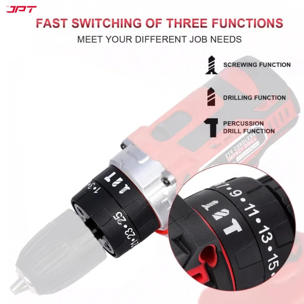 JPT Pro Series 21V Heavy-Duty Impact Cordless Drill Machine | Max. 40N.M Torque | Max. 0-1600RPM Speed | 10MM Keyless Chuck | 25+3 Gears Setting | 2000mAh Battery | One Year Warranty 3