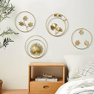 Offfay Gold Wall Art, Metal Wall Decor, 4Pcs Ginkgo Leaf Wall Art, Nordic Style Iron Wall Sculptures for Living Room, Round Leaves Wall Hanging Decorations for Bedroom, Home, Hotel