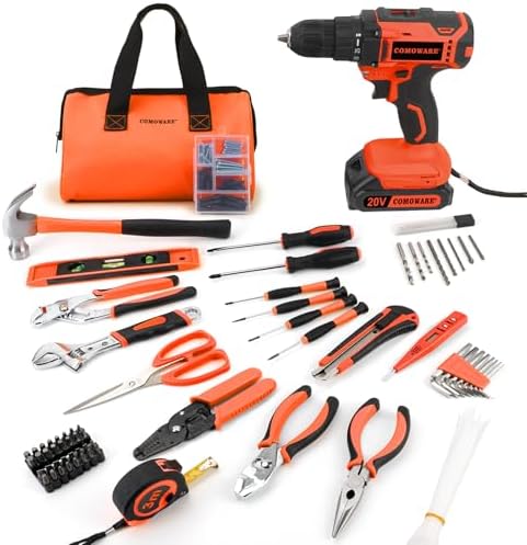 COMOWARE 171PCS Home Tool Kit with 20V Cordless Drill & Orange Storage Bag, All-in-One DIY Repair Set for Household Maintenance