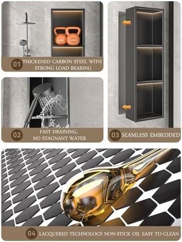 LEDステンレススチールシャワーニッチ壁インサート - シームレス溶接の埋め込み棚 収納棚(28x70x12.5cm)