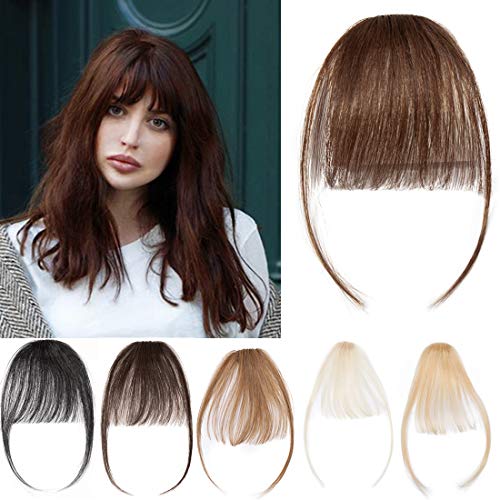 S-noilite Clip in Air Bangs Human Hair Extension with Temple Thin Tied Mini Air Fringe Hair Piece Front Full Neat Air Fringe for Women One piece #04 Medium Brown