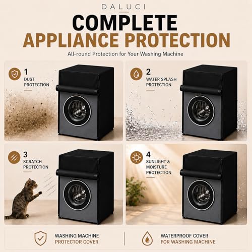 Image of DALUCI Washing Machine Cover Front Load for 6 Kg, 6.5 Kg, 7 Kg & 7.5 Kg Fully Automatic Machines | Waterproof Dustproof Polyester Protective Cover with Zipper (Black, 59X59X86 CM)