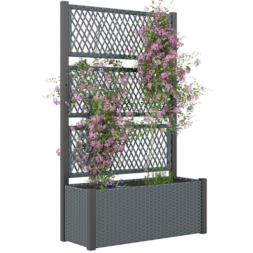 Outsunny Hochbeet mit Rankgitter in Rattan-Optik Pflanzkasten Blumenkasten mit Rankhilfe für Kletterpflanzen Blumenbeet Pflanzkübel Blumenkübel Rankkasten für Garten, Balkon 90 x 35 x 148cm Dunkelgrau