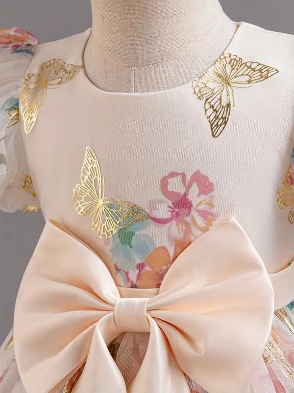 Image of Niren Enterprise Baby Girls Fit And Flare Knee Length Gold Foil Butterfly Puff Sleeve Bowknot Princess Gown Dress for Special Occasions