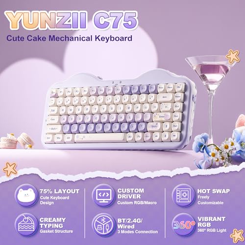 Image of YUNZII C75 Wireless Mechanical Keyboard,75% Layout, Hot-Swappable NKRO,BT5.0 /2.4G /USB-C Mode,Dye-Sub PBT MOA Keycaps,RGB Gasket Mount,Cute Cake Design for Mac /Win /Gaming (Purple, Candy Switch)