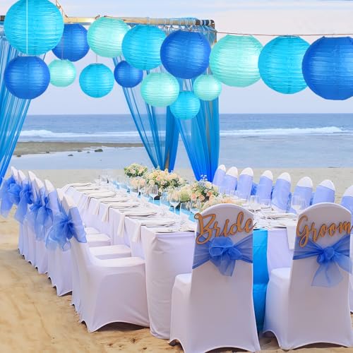 Image of 15-Pack Blue Paper Lanterns, Hanging Party Decorations | Dark-to-Light Gradient Shades in 6, 8 & 10 Inch Sizes for Boy Baby Showers, Graduations, Men's Birthdays, Ocean Themes