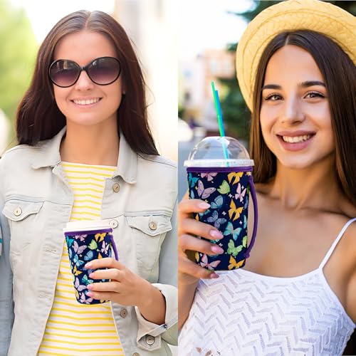 Image of KJQJLY 3 Pack Reusable Iced Coffee Sleeves for Iced Coffee Cups or Drinks Reusable Neoprene Insulated Sleeves for Hot and Cold Drinks from Starbucks, Dunkin, And More (Dark butterfly)
