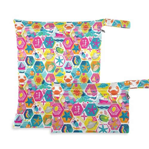 Coikll Wet Dry Bags for Cloth Diaper 2 Pack Waterproof Yoga Gym Bag for Swimsuit Wet Clothes Baby Items-?Geometric Benthic Organisms?