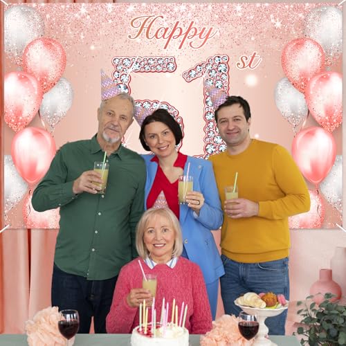 Image of Happy 51st Birthday Rose Gold Banner Cheers to 51 Years Old Backdrop Confetti Balloons Theme Decor for Women 51 Years Old Pink Birthday Party Decorations Bday Supplies Background Favors Gift Glitter
