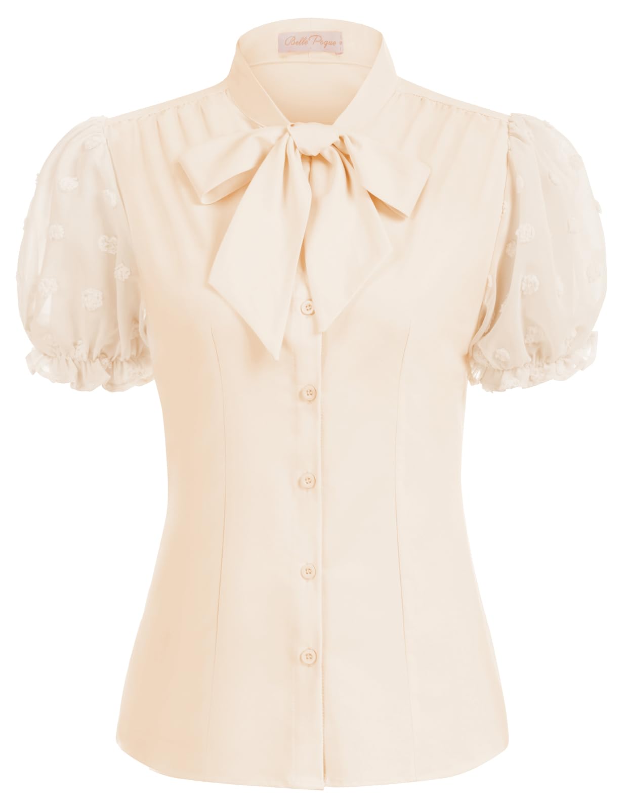 Belle Poque Women's Swiss Dots Blouse Summer Short Sleeve Button Down Bow Tie Shirt Tops