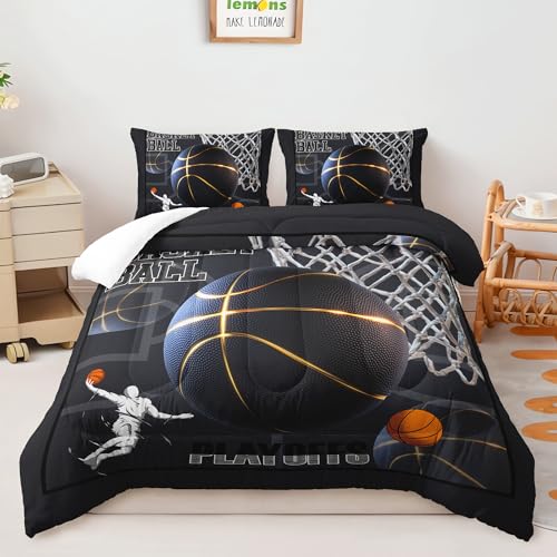 AILONEN Boys Basketball Comforter Set Queen Size,Sport Dunk Basketball Bedding Set for Kids Teens,Black Ball Printed Microfiber Comforter with 2 Pillowcases,3-Piece Sport Bedroom Decor,All Season