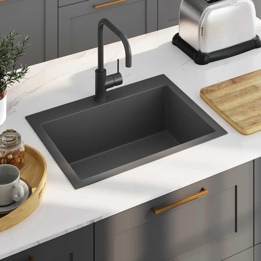 Lavello da incasso fatto a mano, in acciaio inox, nero, con foro per rubinetto, fonoassorbente, 59 x 44 x 20 cm, sottostruttura e installazione, scarico rapido dell'acqua, resistente alla