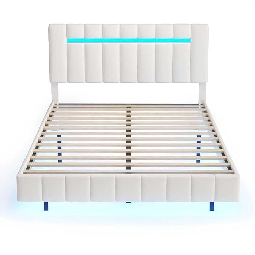 Queen Size LED Upholstered Platform Bed Frame with USB Charging