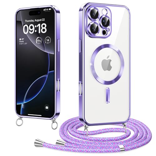 Elettrolitico Magnetica Cover con Cordino per iPhone 16 Pro 6.3 Compatibile con Magsafe Ricarica Antiurto AntiGraffio con Collana Regolabile Case per 16 Pro wireless tpu viola