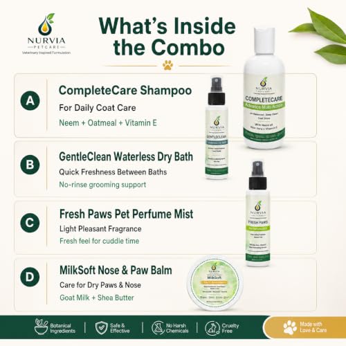 Image of Daily Dog Grooming Kit by Nurvia Petcare | 5-in-1 Shampoo + Waterless Dry Bath + Perfume Mist + Paw Balm | Neem Oatmeal Aloe Vera Goat Milk | Sulphate-Free pH Balanced | 4-in-1