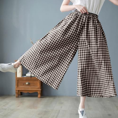 Summer Women's Loose and Slimming Cotton Linen Plaid Casual Wide Leg Cropped Pants4