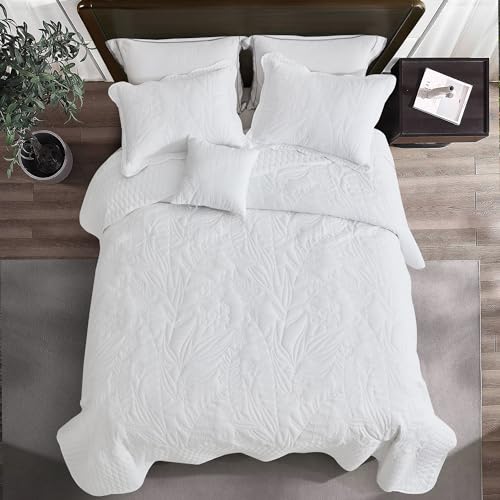 Image of Bedspread oversized Queen 102x118,Beautiful Leaf Stitching,5 PC, White