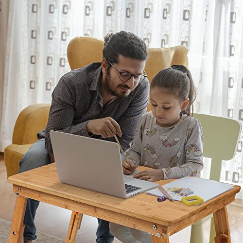 Image of Large Size Laptop Tray Desk Nnewvante 25.6x17.7in Bamboo Floor Desk Low Table Bed Tray Table,Foldable Adjustable Study Writing Gaming Breakfast Serving Floor Table Support 18in Laptop w' 4 Leg Lock