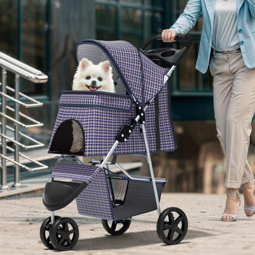 Image of Magshion 3-Wheel Pet Stroller, Foldable Travel Jogger for Small & Medium Dogs & Cats (Up to 33lbs), Lightweight Carrier with Breathable Mesh Cover, Cup Holder & Storage Basket, Plaid